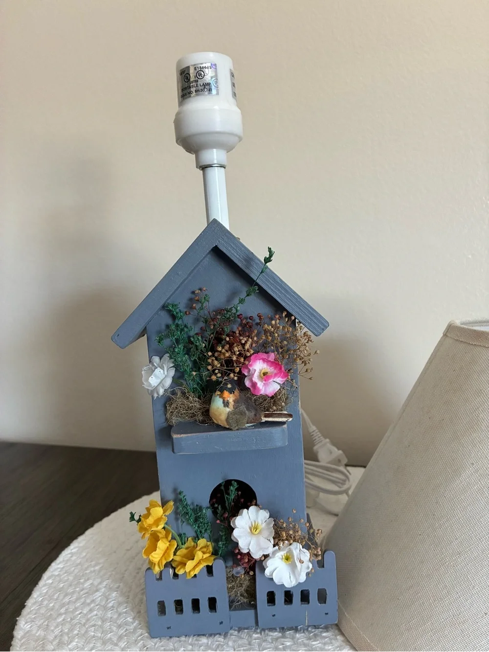 Handcrafted Gray Birdhouse Table Lamp with Cream Shade
